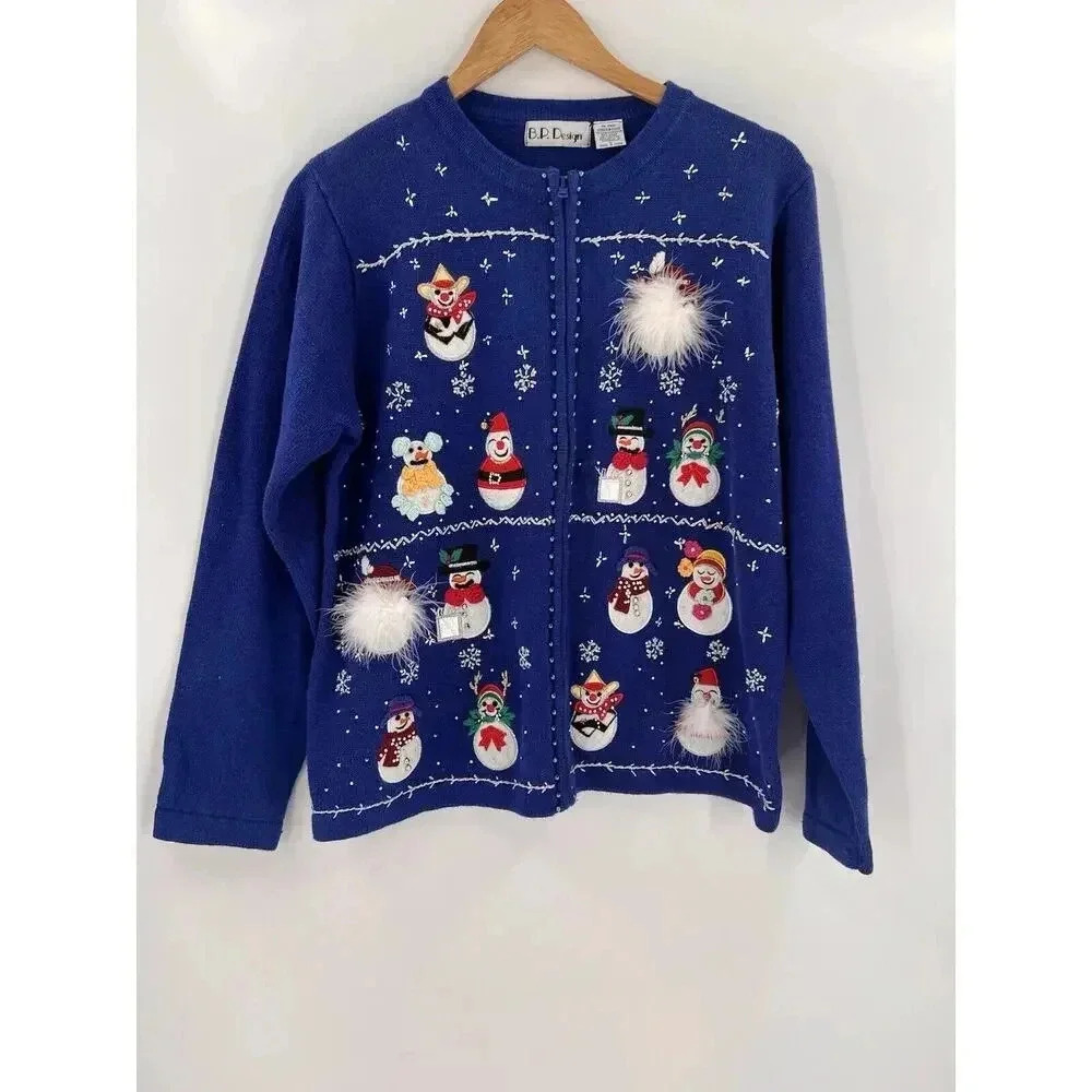 B. P. Design Christmas Holiday Sweater Blue Snowmen Feathers Full Zip Size LARGE